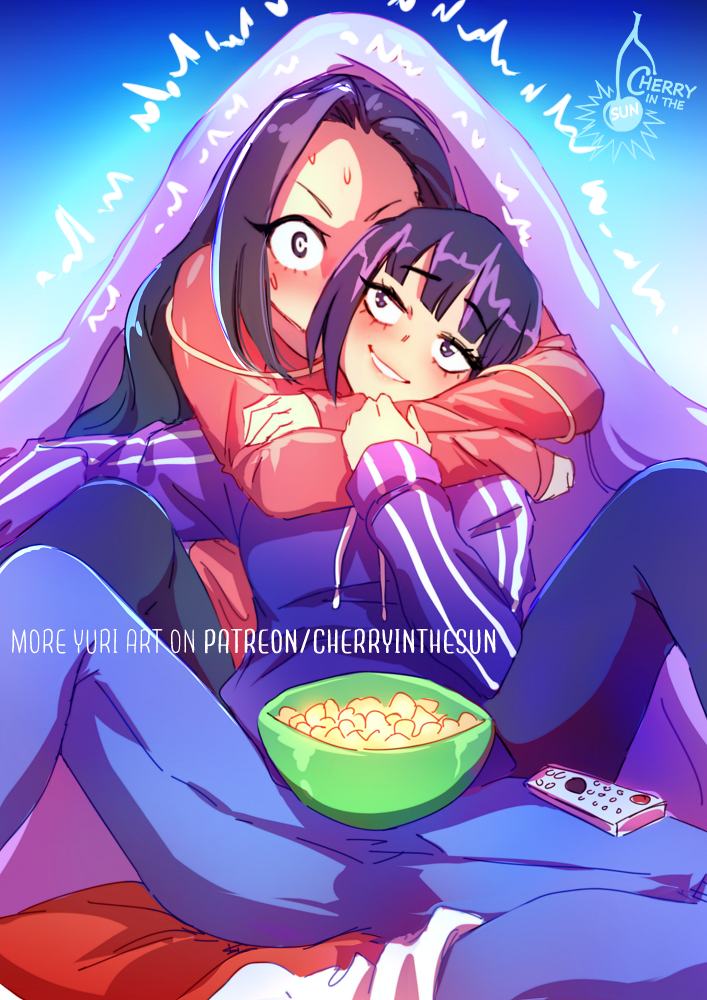 2girls, black_eyes, black_hair, blue_jacket, blue_pants, boku_no_hero_academia, cherry_in_the_sun, controller