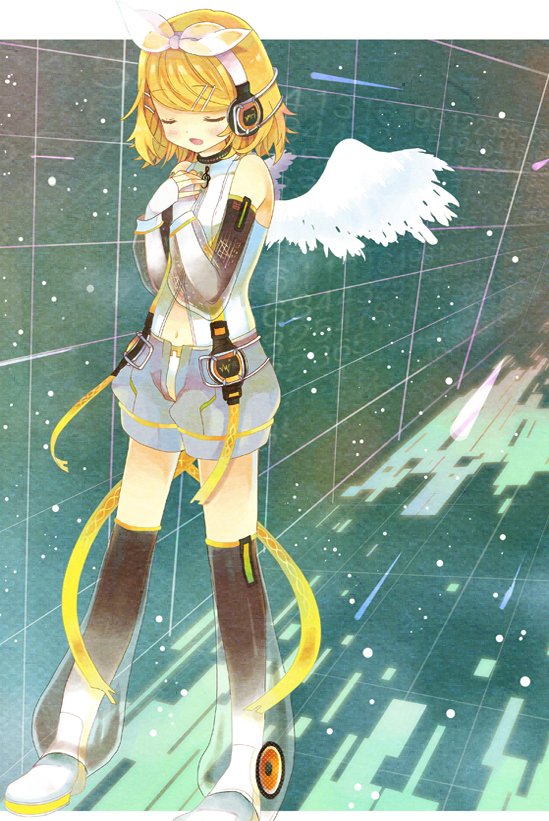 alitou, angel_wings, bad_id, blonde_hair, closed_eyes, detached_sleeves, eyes_closed, fingerless_gloves