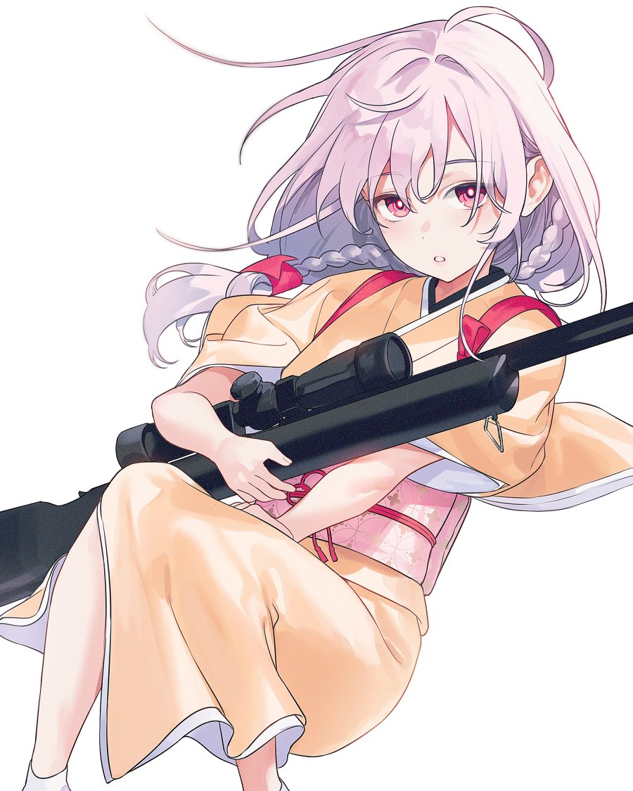 1girl, blush, braid, commentary, flat_chest, gun, japanese_clothes, kimono