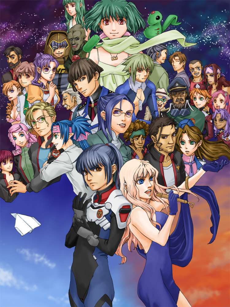 6+boys, 6+girls, beard, blonde_hair, blue_eyes, blue_gloves, blue_hair, brown_eyes