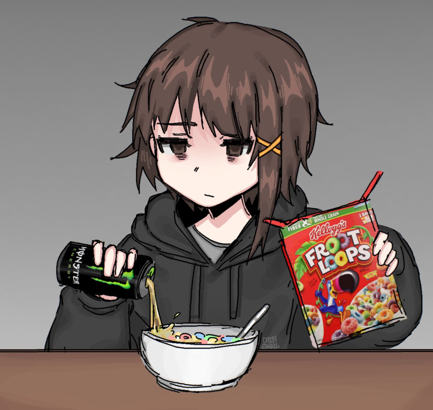1girl, bags_under_eyes, black_hoodie, bowl, brown_eyes, brown_hair, cereal, cereal_box