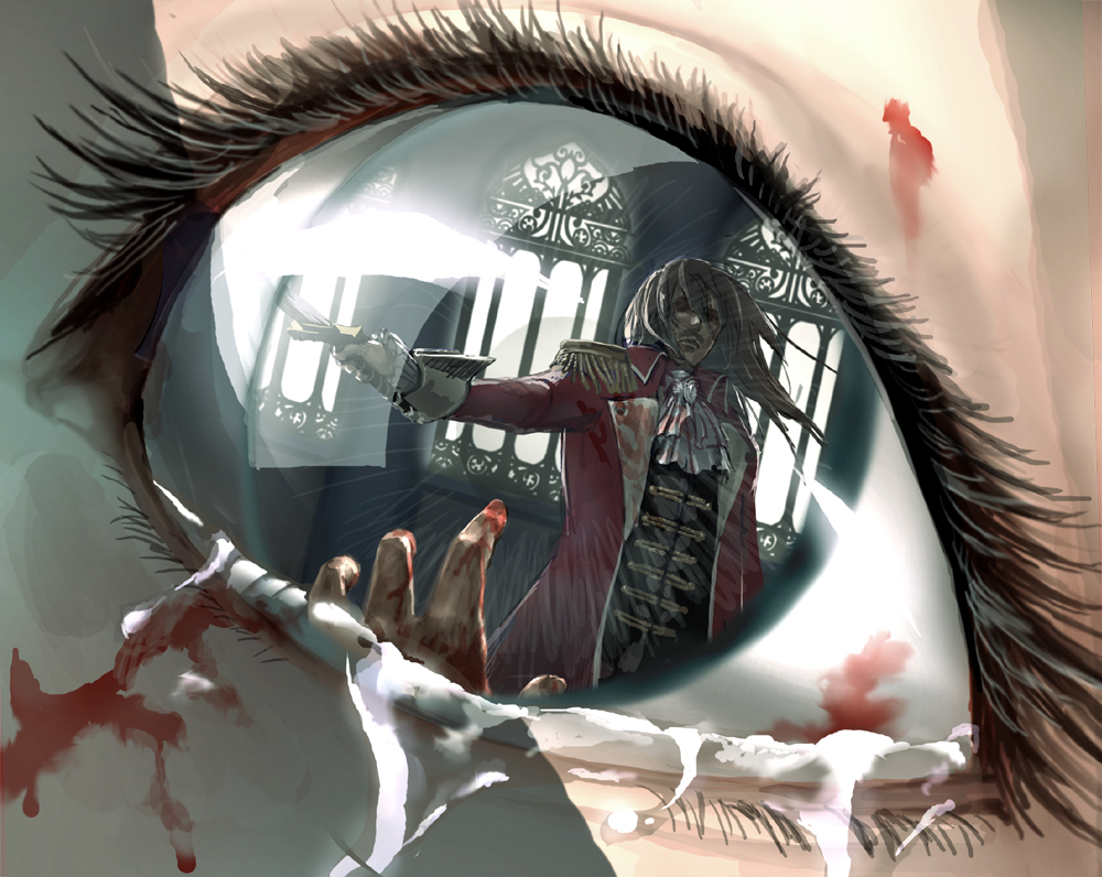 blood, coat, commentary, couple, dying, eye_reflection, eyes, hands