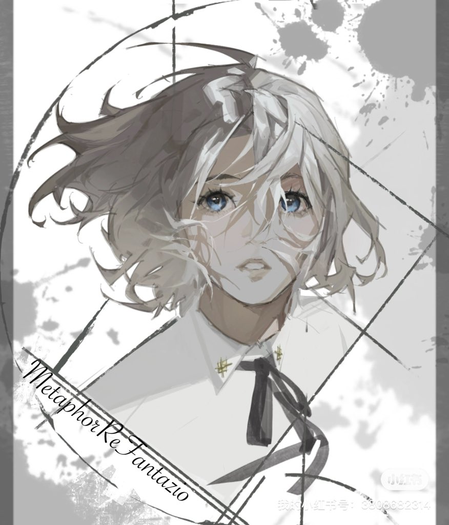 1boy, black_ribbon, blue_eyes, collared_shirt, commentary, copyright_name, cropped_shoulders, english_text, eyelashes, hair_between_eyes, looking_to_the_side, male_focus, metaphor:_refantazio, neck_ribbon, parted_lips, ribbon, shirt, solo, the_prince_(metaphor:_refantazio), tong12736, white_hair, white_shirt, wing_collar