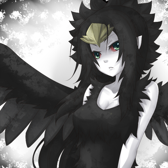 black_hair, black_wings, breasts, cleavage, duel_monster, fabled_grimro, feathers, hair_ornament