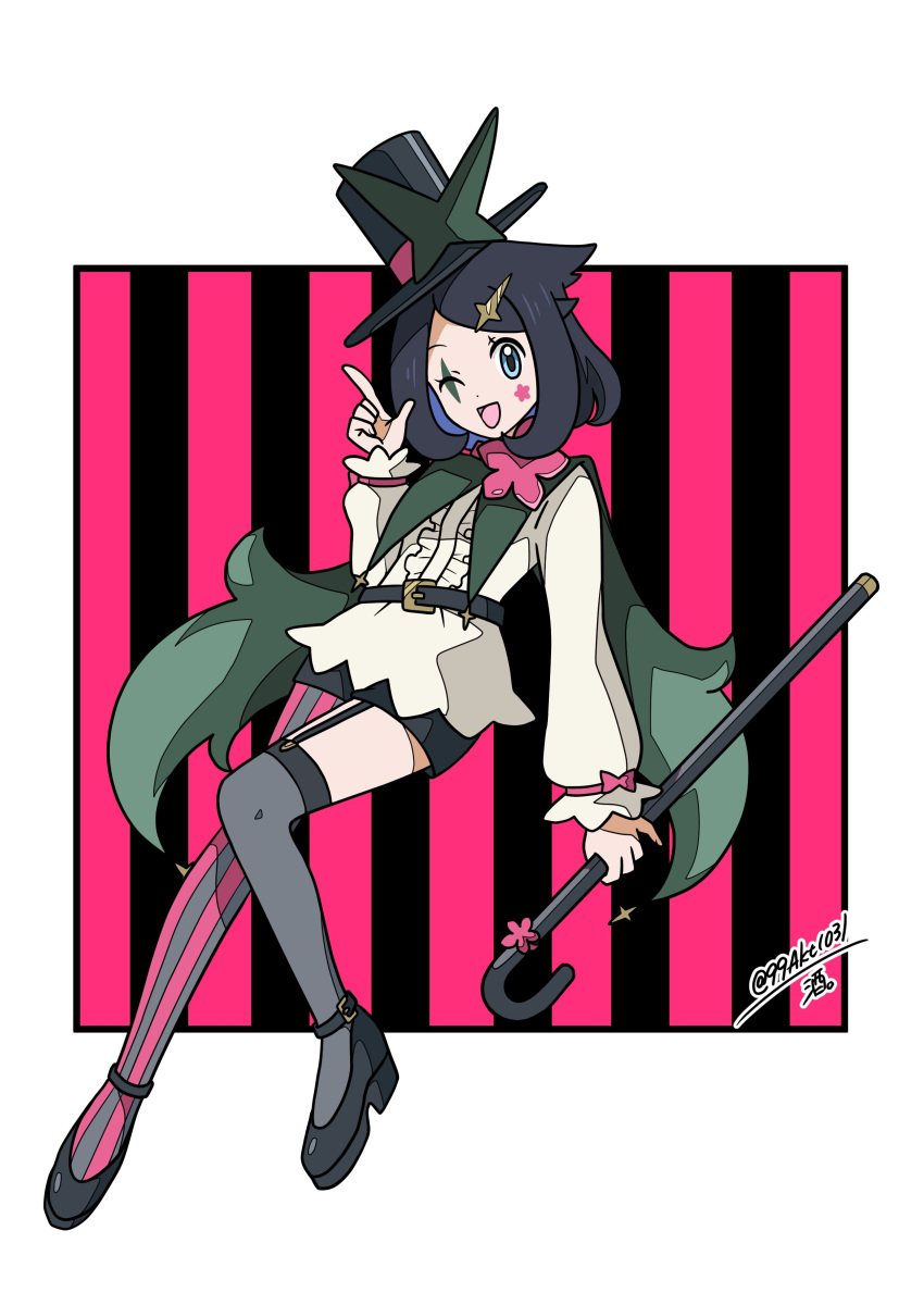 1girl, 99akt1031, absurdres, black_hair, blue_eyes, blush, cane, cosplay, facepaint, hair_ornament, hat, highres, liko_(pokemon), long_sleeves, looking_at_viewer, meowscarada, meowscarada_(cosplay), multicolored_hair, one_eye_closed, open_mouth, pokemon, pokemon_(anime), pokemon_horizons, shirt, smile, solo, thigh-highs, top_hat