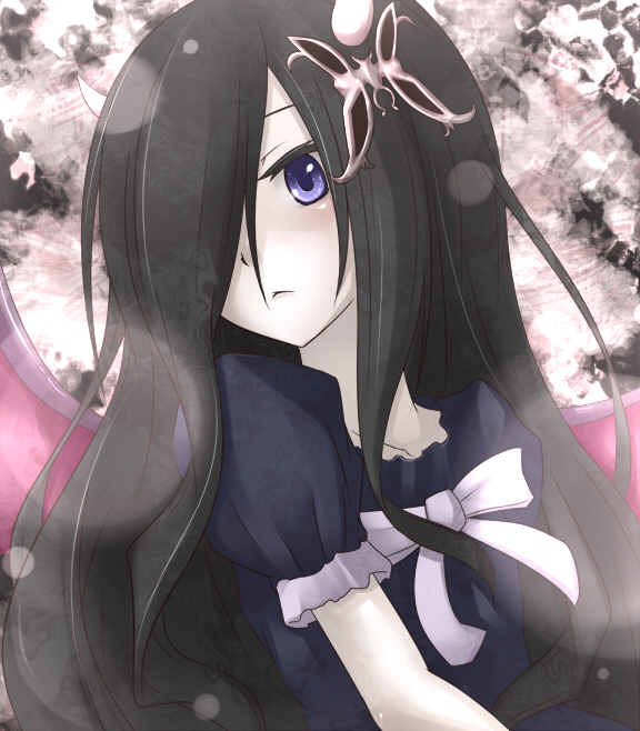 :<, black_hair, blue_eyes, blurry, bokeh, butterfly, close-up, demon_girl, demon_wings, depth_of_field, duel_monster, fabled_krus, fiend_roar_deity_cruz, hair_ornament, hair_over_one_eye, horns, long_hair, pale_skin, shintani_tsushiya, wings, yu-gi-oh!, yuu-gi-ou, yuu-gi-ou_duel_monsters