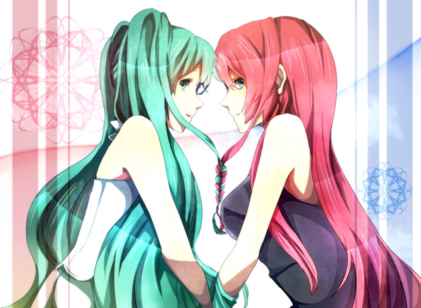 braid, green_hair, hatsune_miku, long_hair, megurine_luka, multiple_girls, pink_hair, saori_(tennpura)