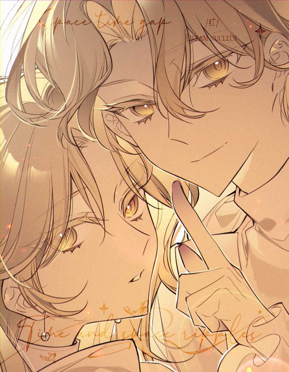 1boy, 1girl, alien_stage, chinese_commentary, closed_mouth, colored_extremities, colored_eyelashes, commentary_request, dual_persona, earrings, english_text, finger_to_mouth, genderswap, genderswap_(mtf), highres, jewelry, lishenchu52391, long_sleeves, looking_at_viewer, luka_(alien_stage), parted_lips, pearl_earrings, portrait, shirt, short_hair, turtleneck, turtleneck_shirt, very_short_hair, white_shirt, yellow_eyes
