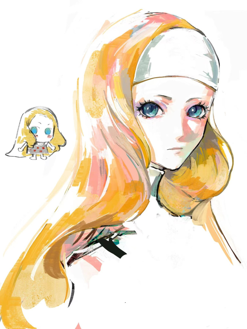 1girl, blue_eyes, chibi, closed_mouth, cropped_shoulders, dress, eyelashes, gou_tou21081