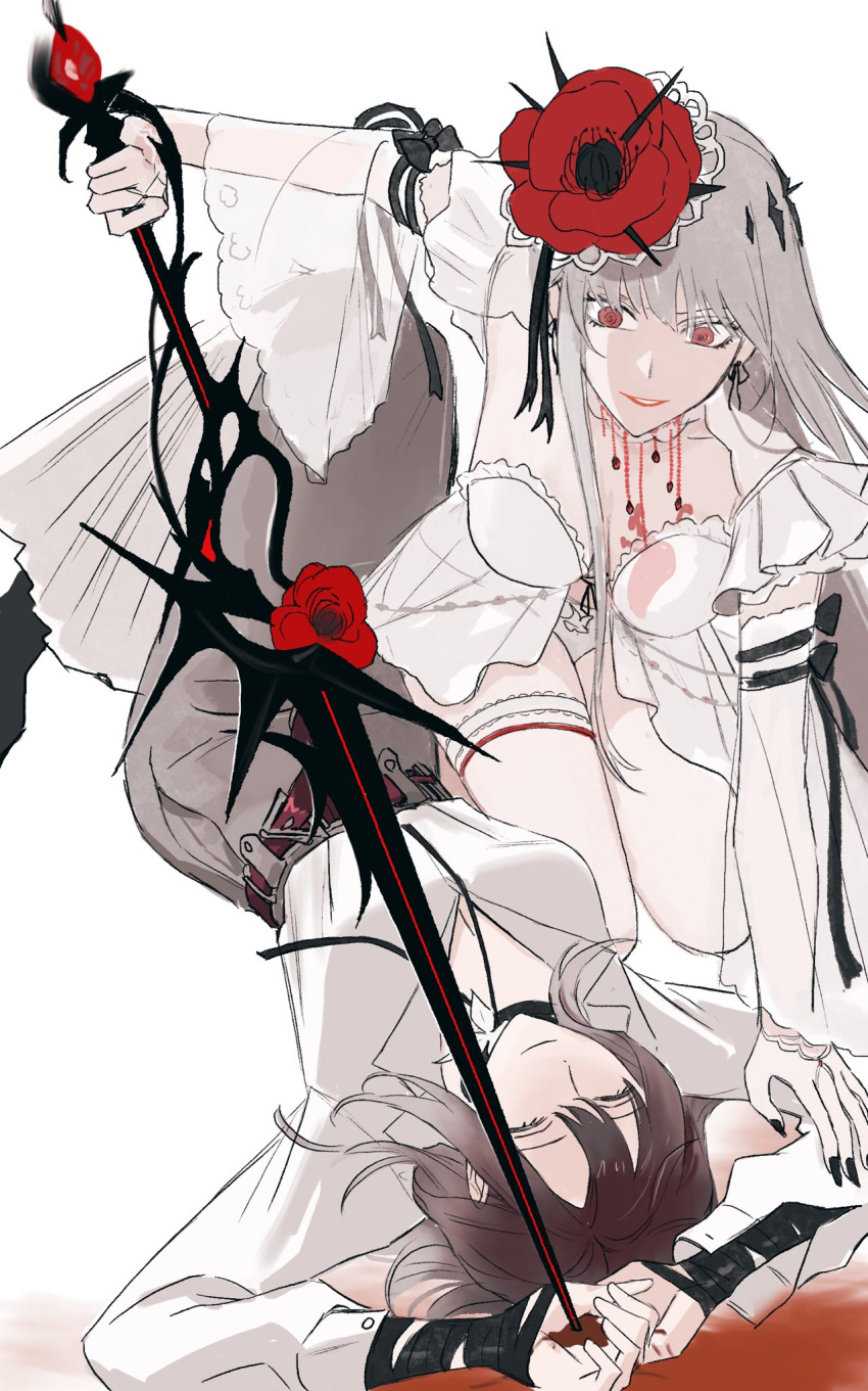 2girls, blood, blood_on_ground, blood_on_hands, collared_shirt, commentary_request, coquelic_(path_to_nowhere), dress