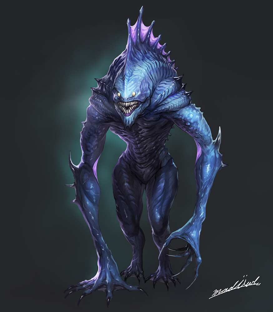 claws, creature, cthulhu_mythos, deep_one, fins, gills, glowing, glowing_eyes