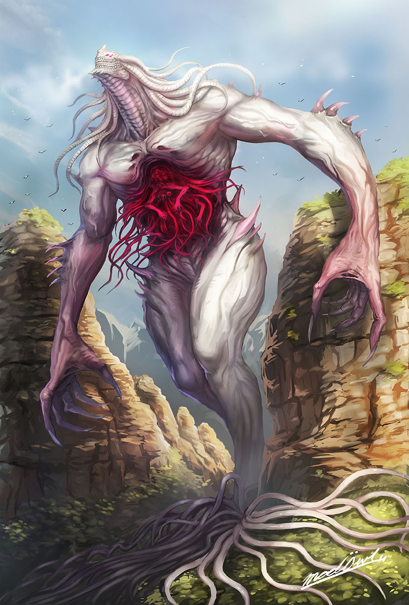 animal, blue_sky, claws, creature, eldritch_abomination, extra_arms, extra_teeth, giant, giant_monster, heavy_metal, highres, kaiju, madowl, monster, mountainous_horizon, no_humans, original, oversized_animal, rock, sharp_teeth, signature, sky, teeth, tentacles