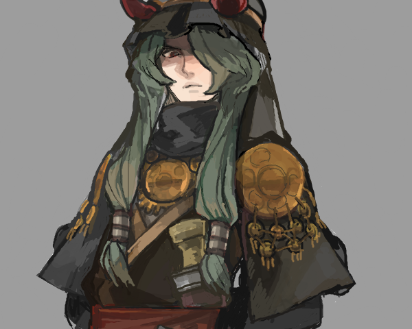 1boy, black_robe, bravely_default:_flying_fairy, bravely_default_(series), ciggma_khint, commentary_request, fake_horns, green_hair, grey_background, hair_over_one_eye, horns, keffiyeh, knife, long_hair, long_sleeves, male_focus, mochio_(ibuki), red_horns, red_sash, robe, sash, simple_background, solo, upper_body, weapon