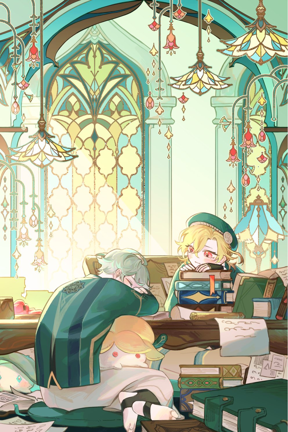 2boys, aged_down, ahoge, akademiya_uniform, alhaitham_(genshin_impact), beret, black_gloves, black_socks