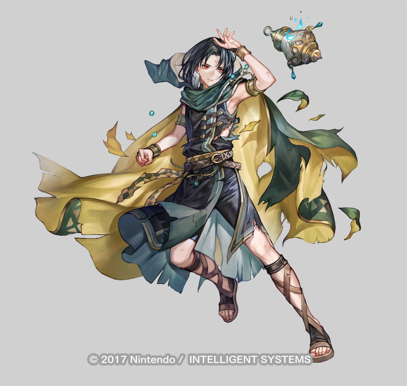 1boy, androgynous, armlet, armpits, belt, black_hair, bracelet, cape, commentary_request, company_name, facial_mark, fire_emblem, fire_emblem:_radiant_dawn, fire_emblem_heroes, floating, floating_object, forehead_mark, gladiator_sandals, green_cape, grey_background, hood, hooded_cape, jewelry, lantern, male_focus, official_art, red_eyes, sandals, senano-yu, simple_background, soren_(fire_emblem), soren_(khadein)_(fire_emblem), torn_clothes, two-sided_cape, two-sided_fabric, yellow_cape