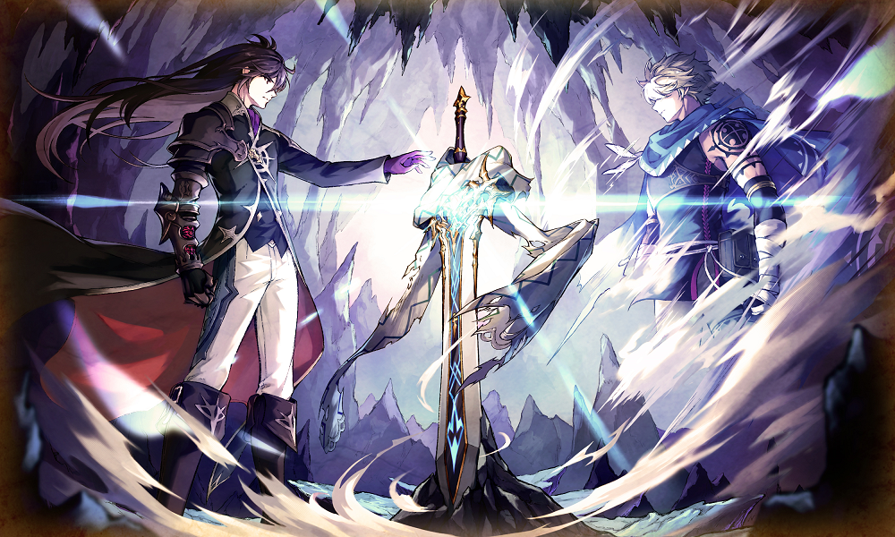 2boys, bandages, basheeny_(ta_ga_tame_no_alchemist), black_coat, blonde_hair, cave_interior, coat, commentary_request