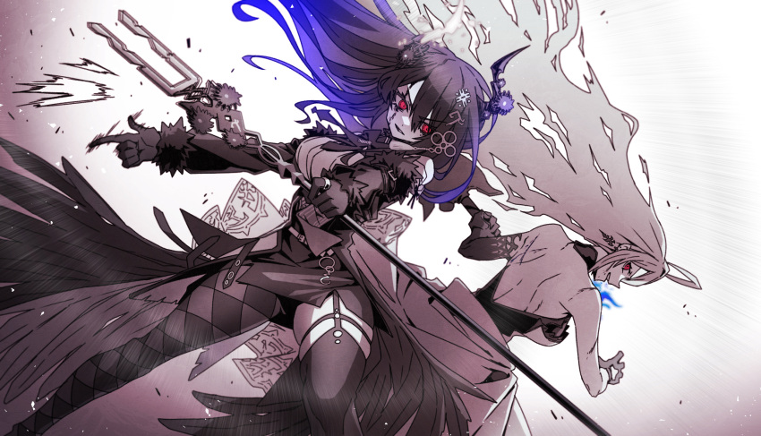 2girls, ahoge, blue_fire, elizabeth_rose_bloodflame, elizabeth_rose_bloodflame_(1st_costume), feather-trimmed_jacket, fire, flower