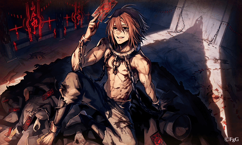 1boy, arm_support, black_eyes, brown_hair, card, chain, commentary, drei_(ta_ga_tame_no_alchemist)