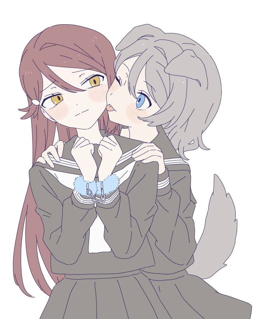 2girls, animal_ears, black_sailor_collar, black_serafuku, black_shirt, black_skirt, blue_eyes, blush, clenched_hands, cuffed, cuffs, dog_ears, dog_girl, dog_tail, ears_down, fuzzy_handcuffs, grey_hair, hair_ornament, hairclip, handcuffs, hands_on_another's_shoulders, highres, kemonomimi_mode, licking, licking_another's_cheek, licking_another's_face, long_hair, long_sleeves, looking_at_another, looking_to_the_side, love_live!, love_live!_sunshine!!, medium_hair, multiple_girls, neckerchief, o_to_mo, one_eye_closed, pleated_skirt, redhead, sailor_collar, sakurauchi_riko, school_uniform, serafuku, shirt, sideways_glance, simple_background, skirt, tail, upper_body, uranohoshi_school_uniform, watanabe_you, white_background, white_neckerchief, yellow_eyes, yuri