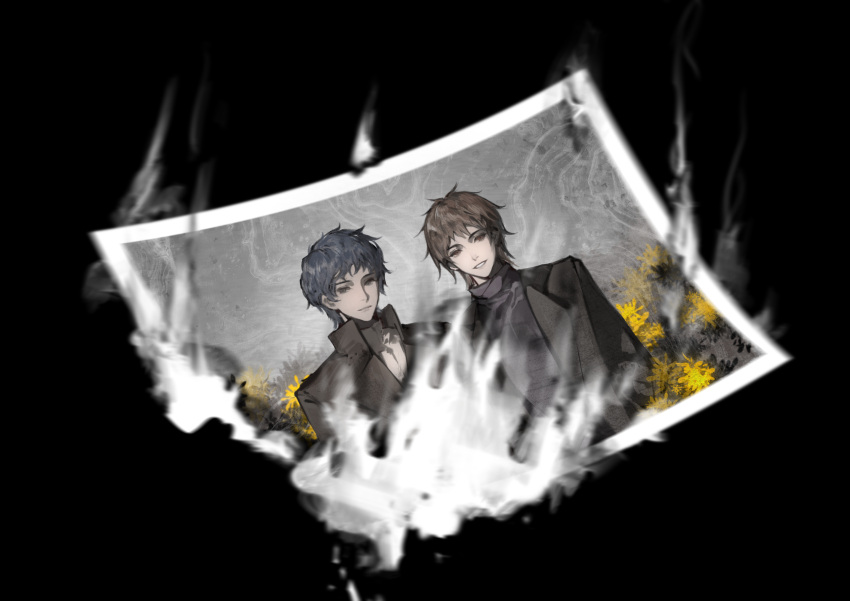 2boys, absurdres, black_background, black_jacket, black_sweater, blue_hair, brown_eyes, brown_hair