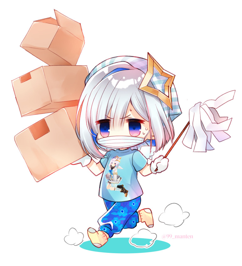 1girl, amane_kanata, blue_hair, box, box_stack, cardboard_box, character_print, chibi
