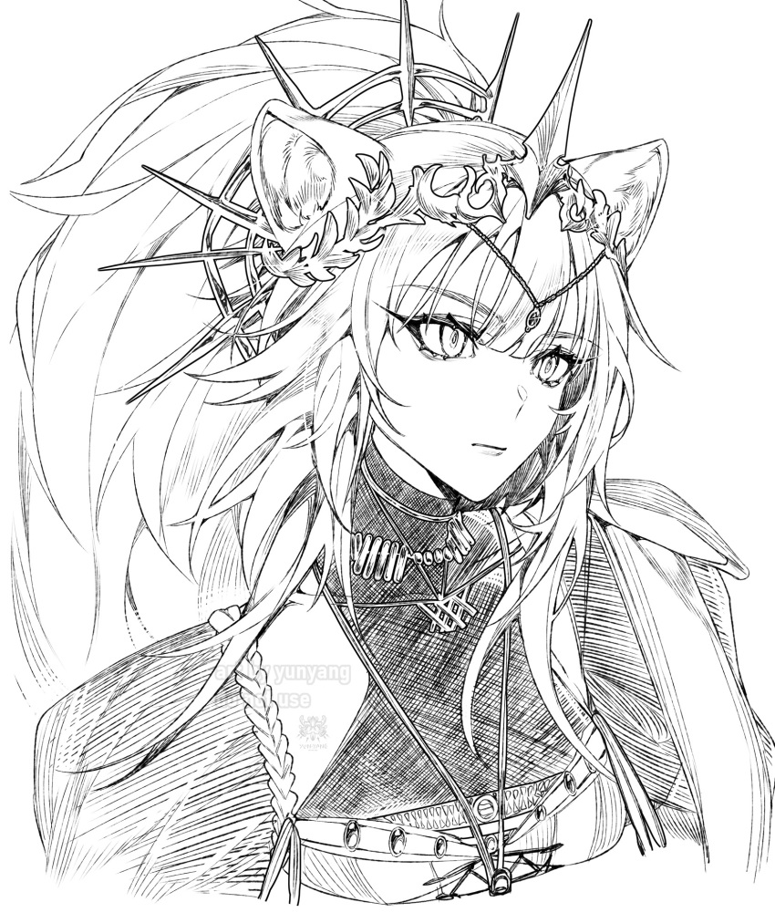 animal_ears, arknights, crown, greyscale, head_chain, highres, ink, jewelry