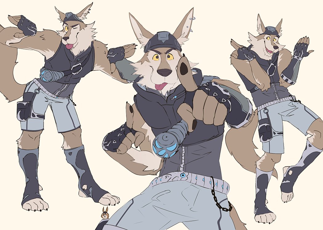 1boy, animal_ear_fluff, animal_ears, black_vest, claws, dancing, dog_nose, english_commentary
