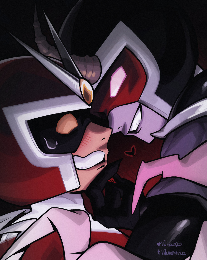2boys, alastor_(viewtiful_joe), black_bodysuit, blush, bodysuit, colored_skin, commentary_request, grin, hand_on_another's_chin, helmet, highres, looking_at_another, male_focus, multiple_boys, purple_skin, red_bodysuit, smile, upper_body, viewtiful_joe, viewtiful_joe_(character), vilevampire