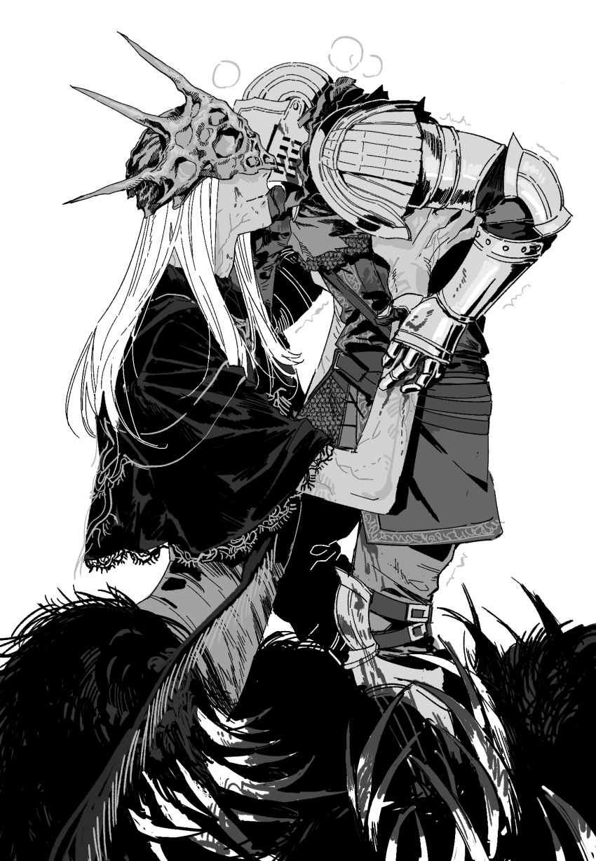 192_saioma, 1boy, 1other, ambiguous_gender, armor, ashen_one_(dark_souls), capelet, chainmail, closed_mouth, commentary, dark_souls_(series), dark_souls_iii, dark_sun_gwyndolin, full_body, fur_capelet, gauntlets, greyscale, helmet, highres, knight, lace-trimmed_capelet, lace_trim, lifting_person, long_hair, looking_at_another, masked, monochrome, pauldrons, shoulder_armor, simple_background, smile, tunic