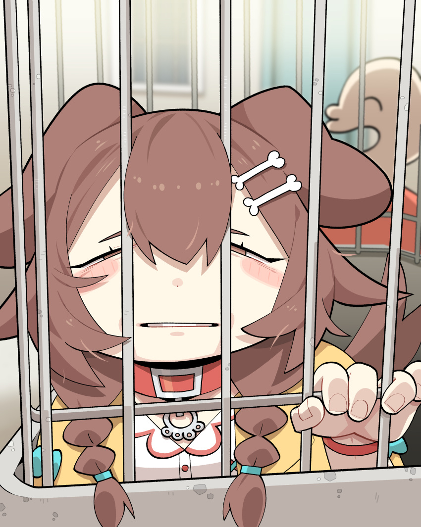 1girl, absurdres, animal_ears, blush, bone_hair_ornament, braid, brown_eyes, brown_hair, cartoon_bone, cocomayo29_(tomato), collar, commentary_request, dog_ears, dog_girl, hair_ornament, half-closed_eyes, highres, hololive, inugami_korone, inugami_korone_(1st_costume), iron_bars, jacket, korean_commentary, listener_(inugami_korone), long_hair, looking_at_viewer, parted_lips, photo-referenced, red_collar, red_wristband, solo, twin_braids, virtual_youtuber, yellow_jacket