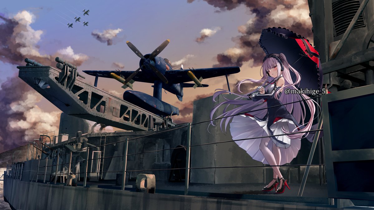 1girl, aircraft, aircraft_catapult, airplane, anti-aircraft_gun, azur_lane, black_hairband, black_umbrella