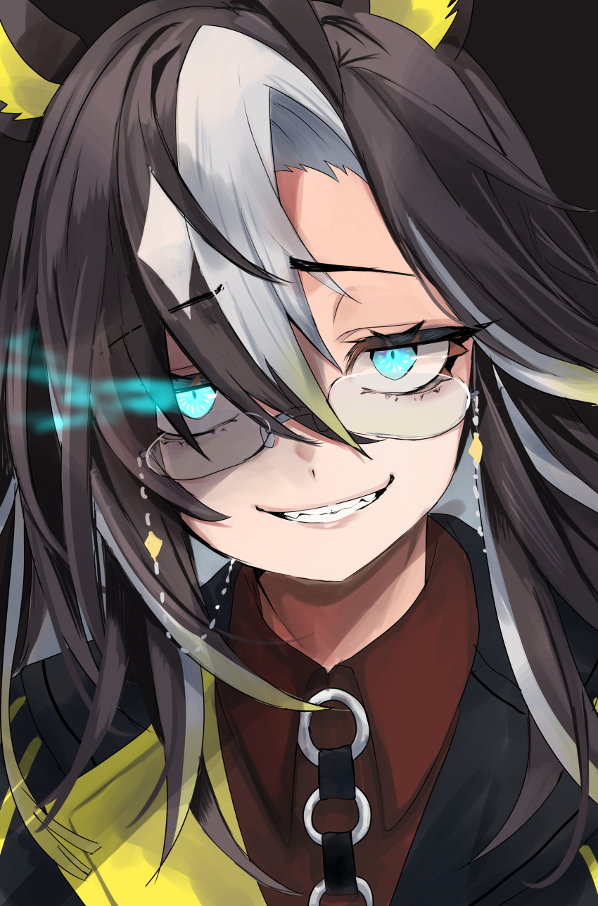 1girl, absurdres, animal_ears, black_background, black_coat, black_eyeliner, black_hair, blonde_hair