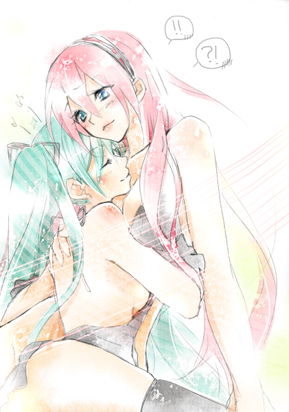 !?, blush, breasts, closed_eyes, eyes_closed, green_hair, hatsune_miku, hug
