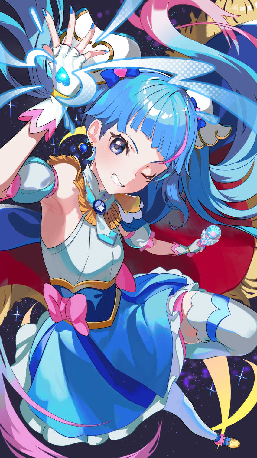 1girl, absurdres, armpits, asagon007, bare_shoulders, blouse, blue_eyes, blue_hair