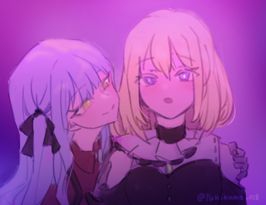 2girls, artist_name, bang_dream!, bang_dream!_it's_mygo!!!!!, black_ribbon, blonde_hair, blue_hair, chinese_commentary