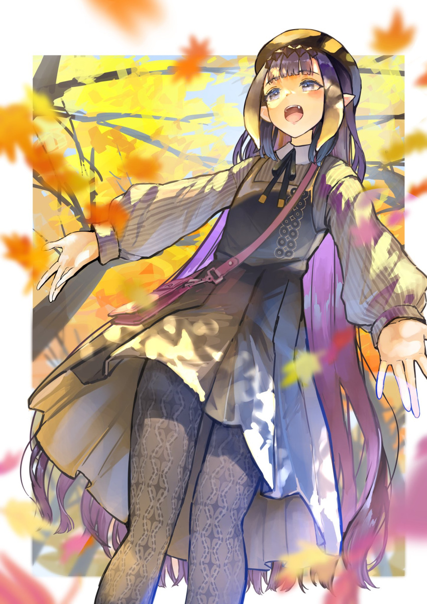 1girl, :d, autumn, autumn_leaves, bag, beret, black_dress, black_ribbon