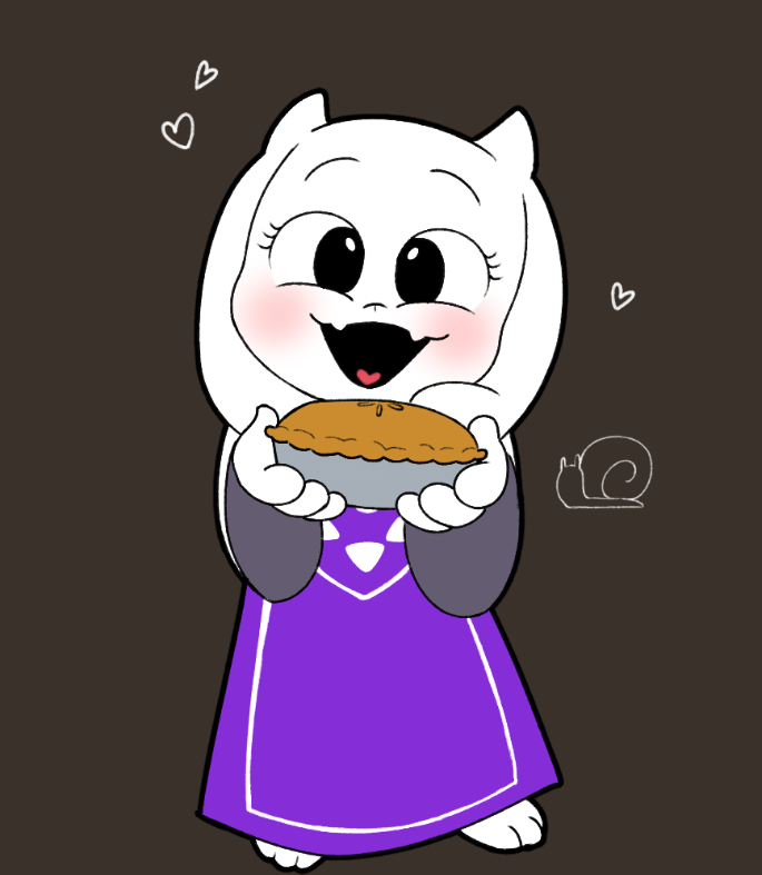 1girl, 2024, 2d, anthro, blush, brown_background, chibi, commentary, digital_media, english_commentary, female, floppy_ears, food, full_body, furry, furry_female, goat, goat_ears, goat_girl, goat_horns, head_tilt, heart, holding, holding_food, horns, looking_at_viewer, mammal, monster, monster_girl, open_mouth, pie, purple_robe, robe, simple_background, snail, solo, tiredcringe, toriel, undertale, utdr_(toby_fox), white_fur, white_horns