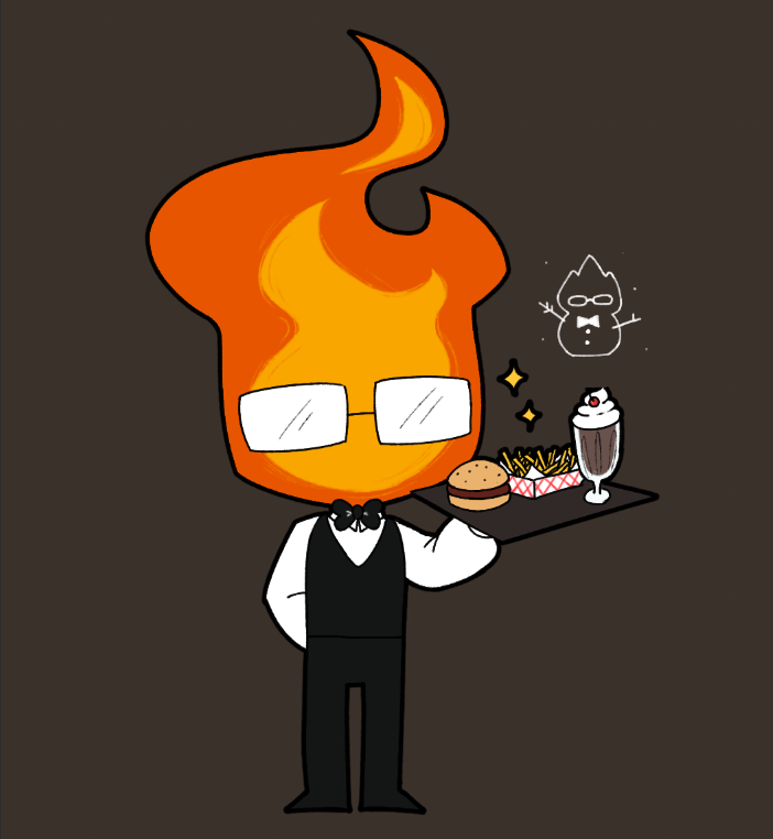 1boy, 2024, 2d, arm_behind_back, brown_background, burger, chibi, commentary