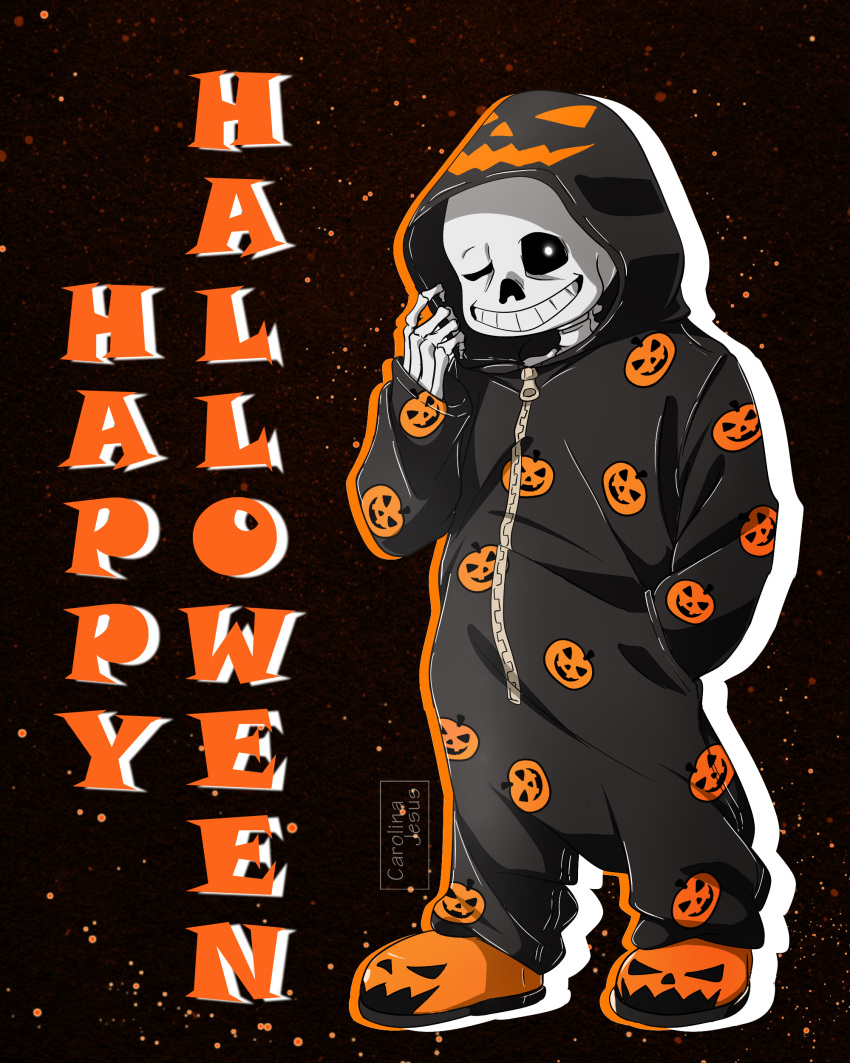 1boy, 2021, 2d, alternate_costume, artist_name, black_background, commentary, cosplay, dark_background, digital_media, english_commentary, english_text, full_body, ginasuzumi, halloween, hand_in_pocket, happy_halloween, highres, hood, hood_up, humanoid, kigurumi, male, male_focus, male_only, monster, monster_boy, one_eye_closed, pumpkin_print, sans_(undertale), simple_background, skeleton, solo, standing, teeth, text, undead, undertale, utdr_(toby_fox), zipper