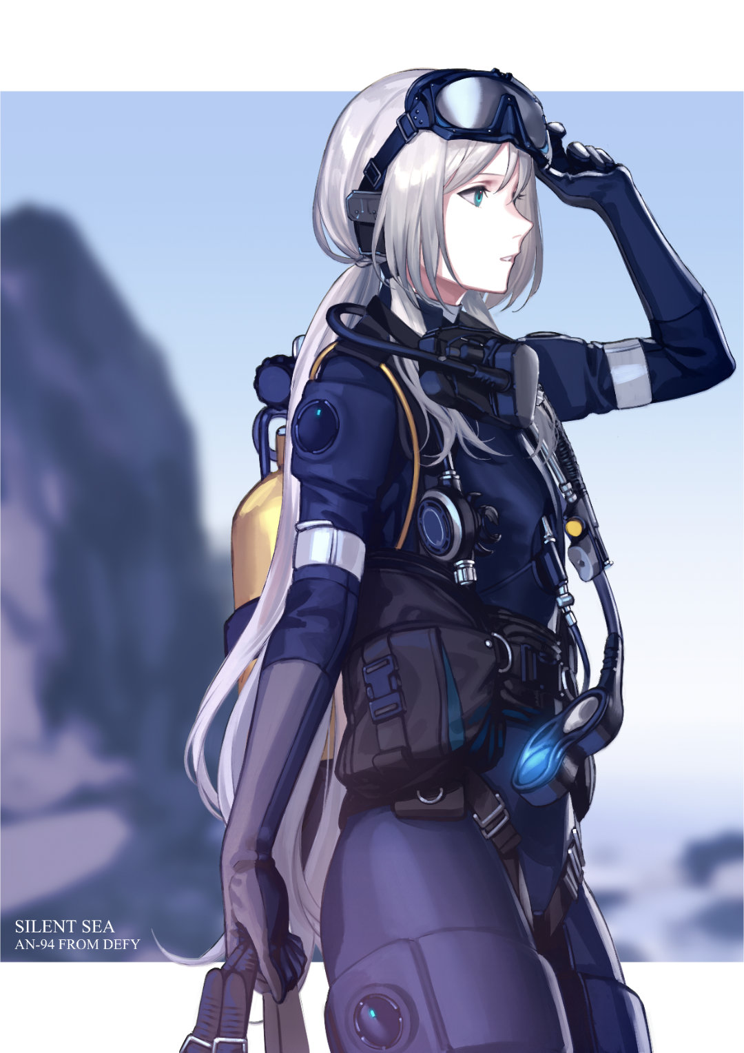 1girl, an-94_(girls'_frontline), an-94_(the_diving_bell_and_the_doll)_(girls'_frontline), aqua_eyes, black_bodysuit, blurry, blurry_background, bodysuit