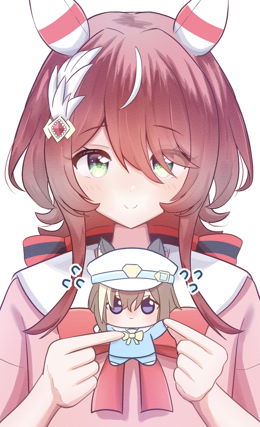 1girl, 2nisikoyn, animal_ears, breasts, brown_hair, character_doll, cheval_grand_(umamusume), commentary_request