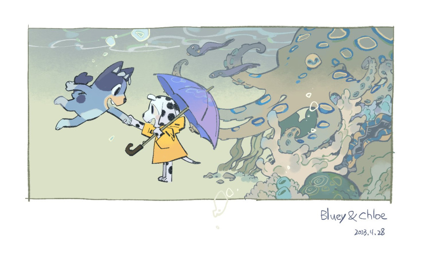 2023, 2girls, air_bubble, allhailjotman, aquarium, bluey, bluey_heeler, bubble, character_name, chloe_(bluey), dated, furry, furry_female, furry_with_furry, holding, holding_umbrella, multiple_girls, octopus, umbrella, water
