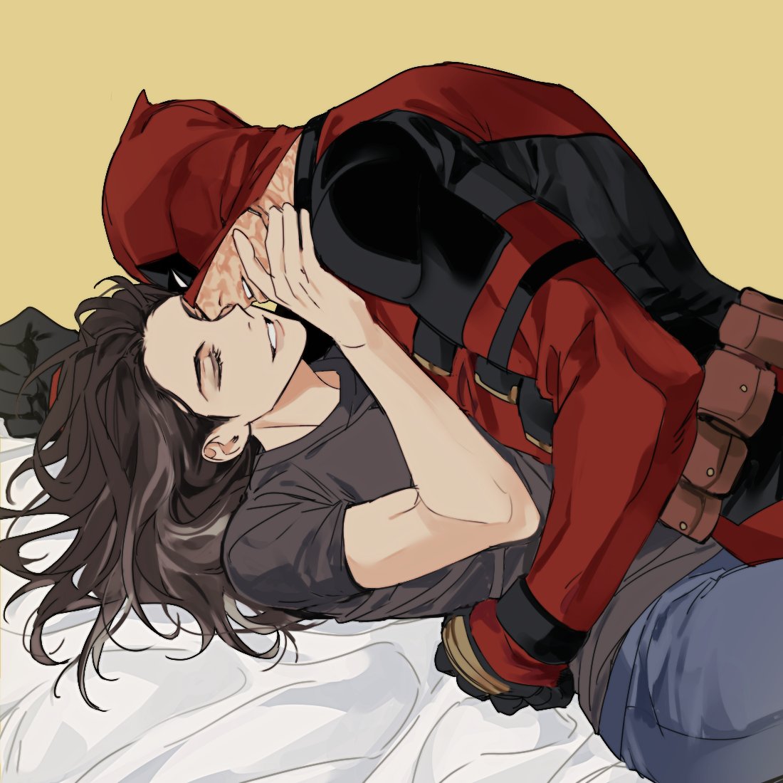 1boy, 1girl, bed, black_bodysuit, black_gloves, black_shirt, blue_pants, bodysuit