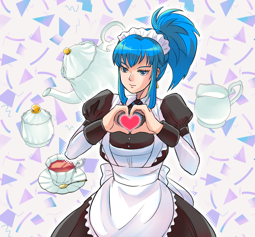 1girl, alternate_costume, apron, bardothodol, black_dress, blue_hair, breasts, closed_mouth, commentary_request, cup, dress, heart, heart_hands, highres, large_breasts, leona_heidern, long_hair, long_sleeves, maid, maid_apron, maid_headdress, plate, ponytail, sidelocks, solo, spoon, star_(symbol), teacup, the_king_of_fighters, white_apron