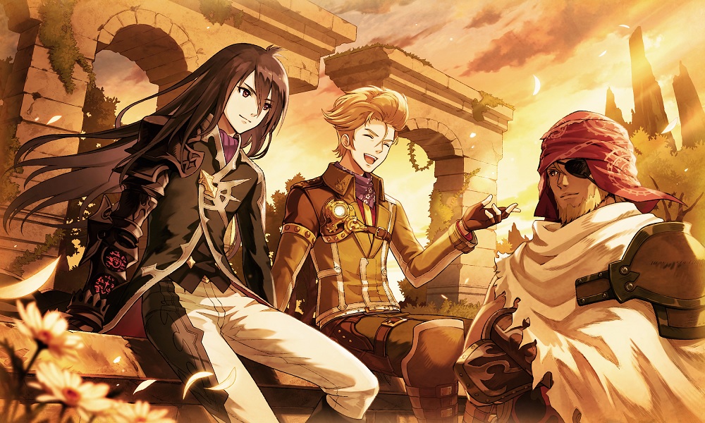 3boys, ^_^, arm_support, armor, beard, black_coat, black_hair, blonde_hair