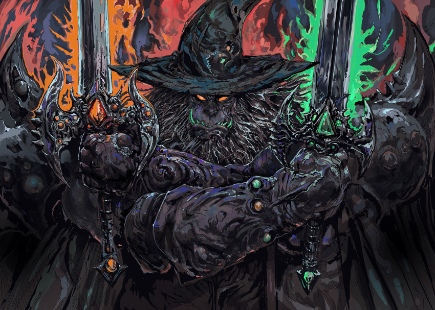1boy, beard, carpet_crawler, dual_wielding, facial_hair, gloves, glowing, glowing_sword