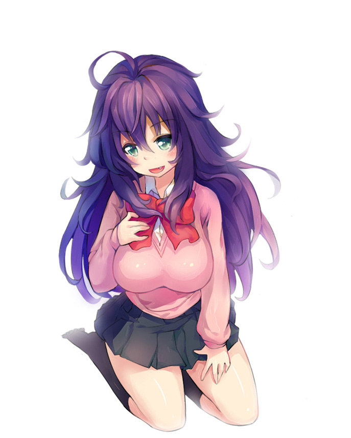 1girl, :d, ahoge, black_skirt, black_socks, bow, bowtie, breasts