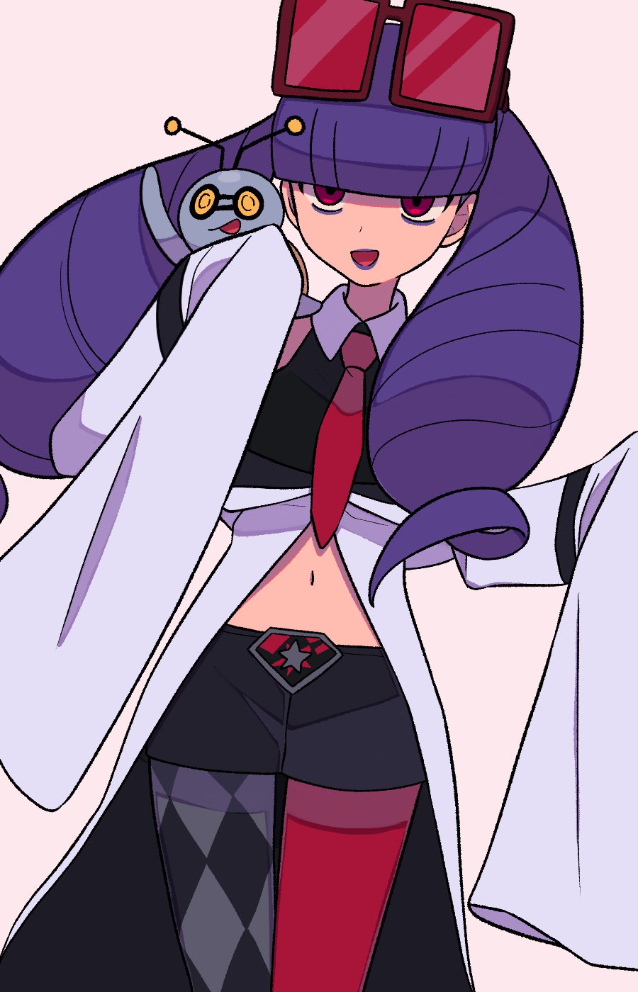 1girl, :d, black_shirt, black_shorts, blunt_bangs, coat, collared_shirt, eyewear_on_head, gimmighoul, gimmighoul_(roaming), hashtag-only_commentary, highres, lipstick, long_hair, long_sleeves, makeup, navel, necktie, open_mouth, pantyhose, pokemon, pokemon_(creature), pokemon_masters_ex, purple_hair, purple_lips, rachel_(pokemon), red_eyes, red_necktie, shirt, shorts, sleeveless, sleeveless_shirt, sleeves_past_fingers, sleeves_past_wrists, smile, sunglasses, twintails, tyako_089, white_background, white_coat