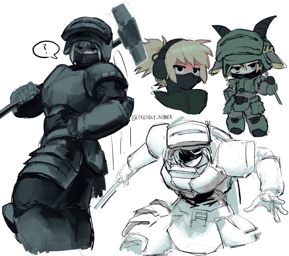 1girl, armor, black_eyes, blonde_hair, chibi, chibi_inset, commentary, expressionless, full_armor, gloves, hammer, head_tilt, headset, holding, holding_hammer, knight, leaning_forward, looking_at_viewer, mask, mouth_mask, multiple_views, open_hand, over_shoulder, roblox, shaded_face, slammer_(tower_defense_x), symbol-only_commentary, t4p4k4h, tower_defense_x, twitter_username, weapon, weapon_over_shoulder