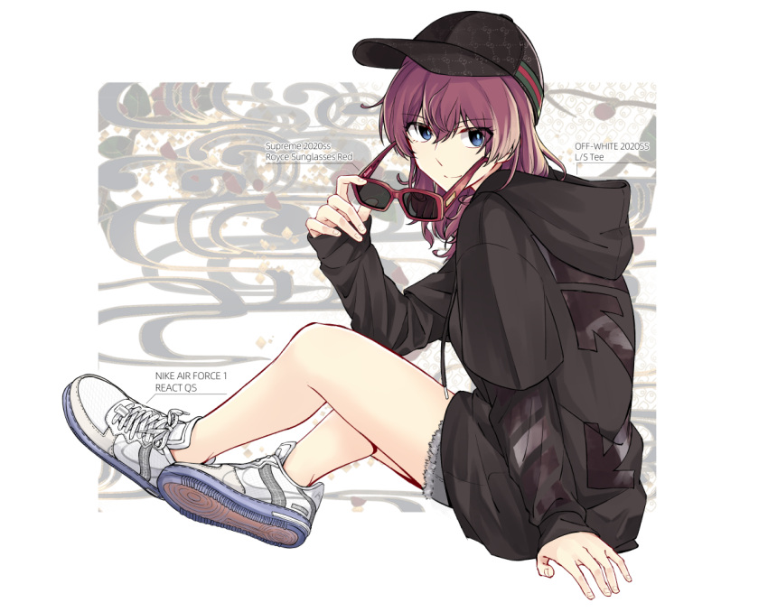 1girl, black_hat, blue_eyes, casual, closed_mouth, commentary_request, english_text, from_side